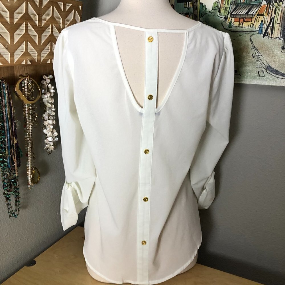 MINE Sheer Blouse Women's size L White & Gold Button T Back 3/4 Sleeve - Picture 3 of 11